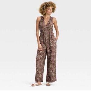 Brown shell print sleeves jumpsuit